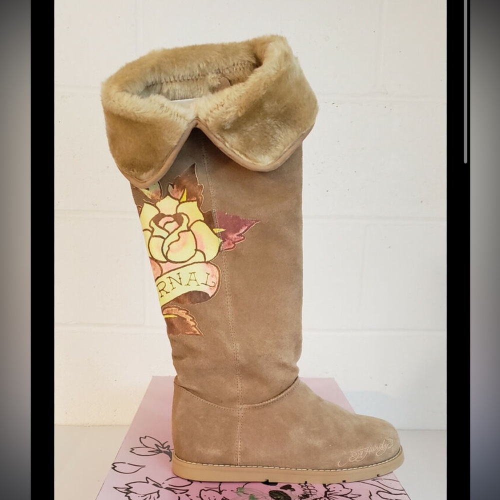 Tan Suede Floral Embroidered Women's Boots